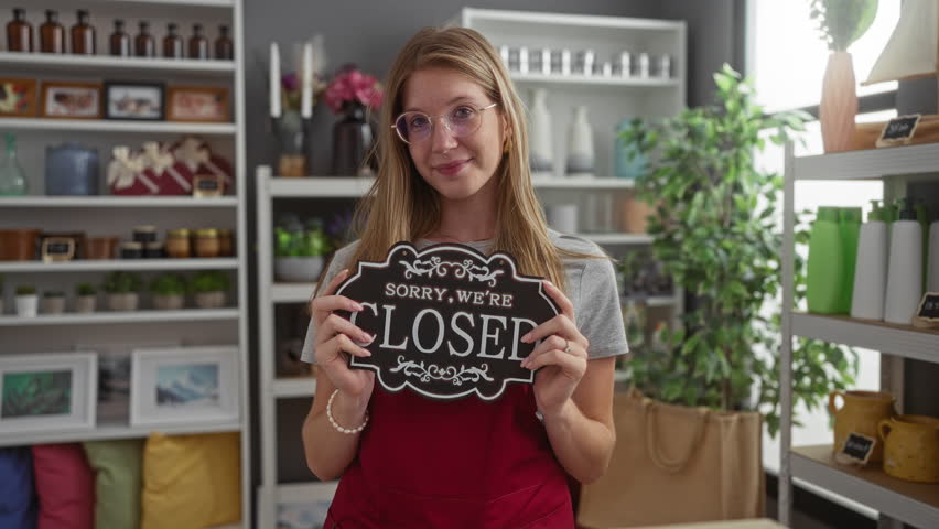 Young woman holding open and closed signs in a home decor shop, displaying a smile with a background of plants and colorful home accessories