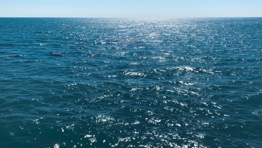 View at ocean and sky with horizon at daytime, slow waves on a huge expanse of water.