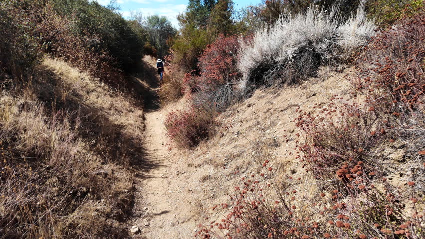 Hiking a Trail in a Chaparral Hilly Habitat looking at a Woman Exploring the area while hiking