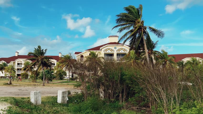 Varadero, Cuba, 03.12.2023. Coconut palm leaves sway in the wind on the territory of a hotel with white buildings in Cuba. Vacation on the Caribbean coast on Liberty Island. 4К