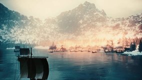 A brave Shiba Inu warrior on a Viking  boat sailing through a mystical snowy landscape at dawn - Powered by Shutterstock - Get 15% off with code: PIKWIZARD15