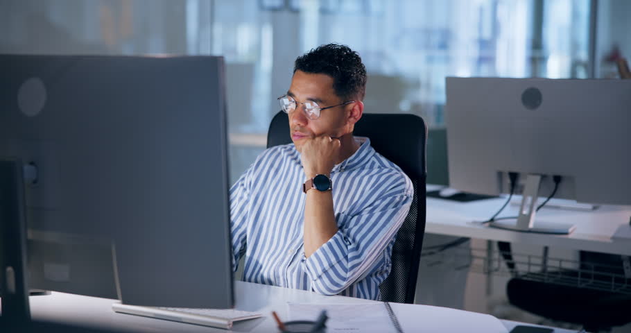 Burnout, computer and sleeping with business man at desk in office for administration or deadline. Exhausted, fatigue and tired with design employee in creative workplace for late evening overtime