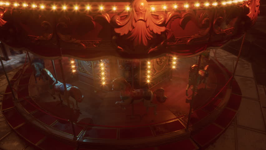 The amusement park is quiet at night, with an illuminated carousel standing still. The horse figures are shadowed in soft light, conveying a sense of nostalgia and serenity in the darkness.