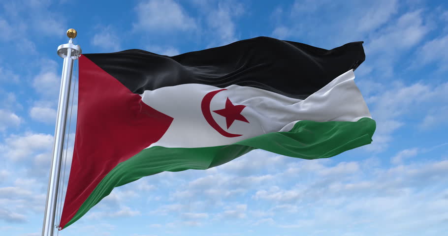 Western Sahara flag with flagpole waving in wind, rolling clouds background looping, 4K video (Perfect Loop)