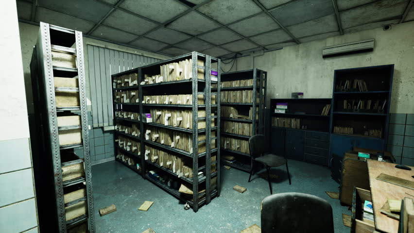 Dusty shelves filled with disorganized files and scattered debris highlight the abandoned state of a once functioning hospital, evoking a sense of loss and neglect within its walls.