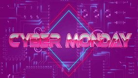 Cyber Monday text animation over circuit board design with neon colors. Sale, shopping, discount, digital, electronics, technology - Powered by Shutterstock - Get 15% off with code: PIKWIZARD15