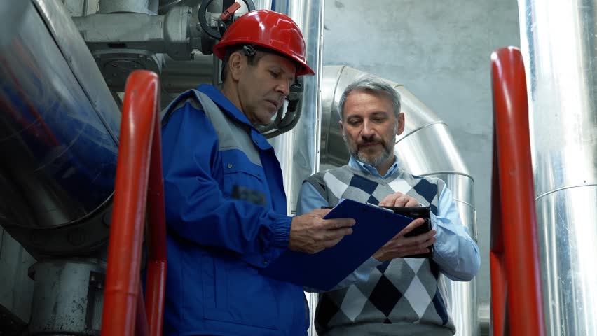 Technical Manager Giving Instructions to Worker With Clipboard in Industrial Interior with Large Piping. Supervisor Controls the Work of an Employee in District Heating Plant. People at Work. 