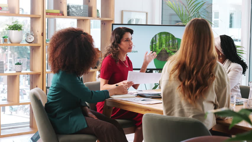 Presentation, agriculture and business people in meeting, planning and conversation for proposal. Group, employees and startup with idea, teamwork or project for sustainability and climate change