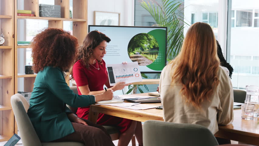 Presentation, agriculture and business people in meeting, planning and conversation for proposal. Group, employees and startup with idea, teamwork or project for sustainability and climate change - Powered by Shutterstock - Get 15% off with code: PIKWIZARD15