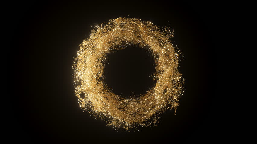 3d Gold Particles Flying around circle. Abstract golden glitter background. Holiday celebrating bg with golden dust effect. Motion graphic.