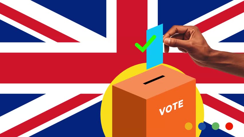 4K Collage Animation Hand inserting voting document paper inside Ballot Box Vote UK United Kingdom Britan