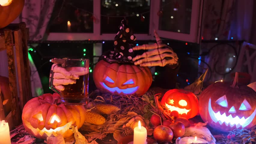 Pumpkin in witch hat and a mug of beer in hand lures to a night party of Halloween decorated with flickering garlands of candles scaring and attracting guests. - Powered by Shutterstock - Get 15% off with code: PIKWIZARD15