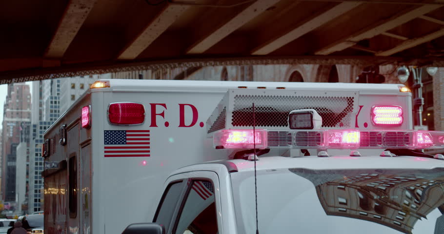Close-up on the blinking lights of the ambulance car in New York City