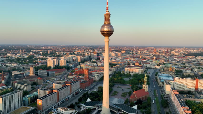 Aerial video architectural landmarks TV Tower, Alexanderplatz. Berlin, Germany