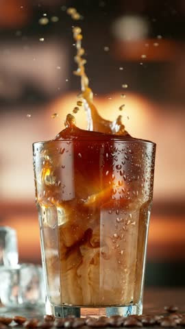 Super Slow Motion Shot of Pouring Milk into Ice Coffee , Camera Move, Filmed on High Speed Cinematic Camera
