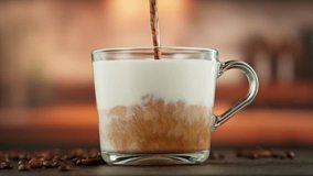 Super Slow Motion Shot of Pouring Milk into Black Coffee , Preparing of Latte Macchiato , Filmed on High Speed Cinematic Camera - Powered by Shutterstock - Get 15% off with code: PIKWIZARD15