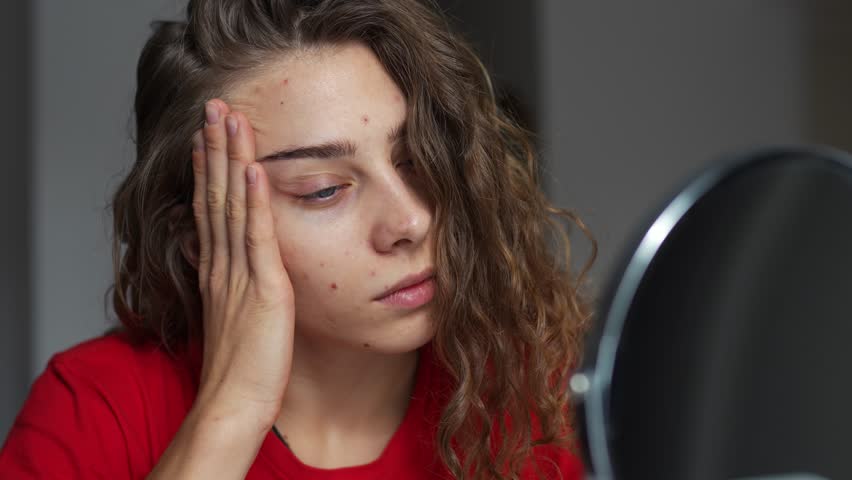 The concept of beauty and naturalness. A young woman examines her rashes on her face, touches her skin with her hands while looking in the mirror. Facial care. Acne.