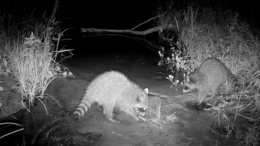 Baby raccoon learning to look for food with their mama in a small creek at night