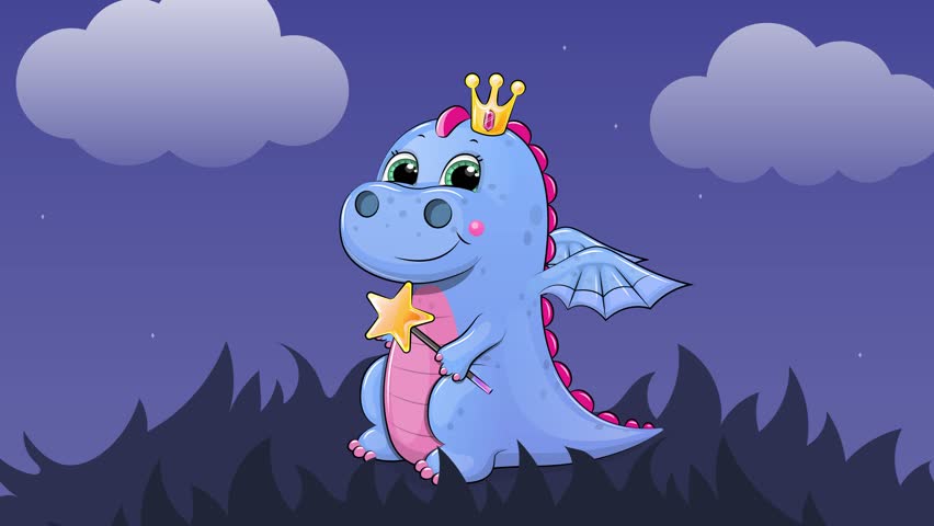Cute cartoon dragon with a magic wand and crown. Night looped animation with animal, stars and clouds.