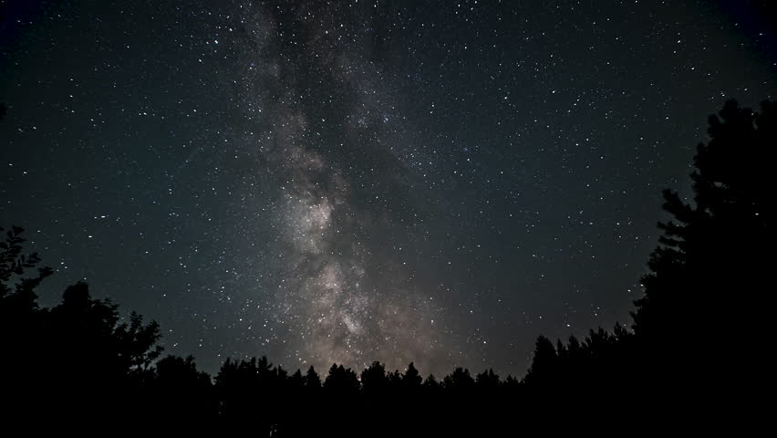 Time lapse of A breathtaking view of the Milky Way stretches across the sky as viewers enjoy stargazing in a quiet forest during a summer night, surrounded by tall trees.