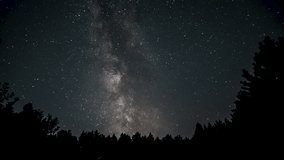 Time lapse of A breathtaking view of the Milky Way stretches across the sky as viewers enjoy stargazing in a quiet forest during a summer night, surrounded by tall trees. - Powered by Shutterstock - Get 15% off with code: PIKWIZARD15
