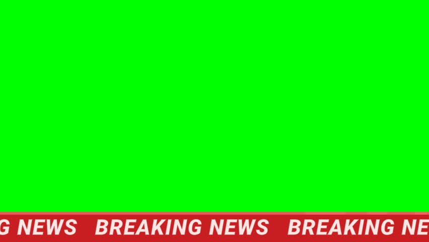 Animation of a red scrolling breaking news banner appearing and disappearing at the bottom on a green background