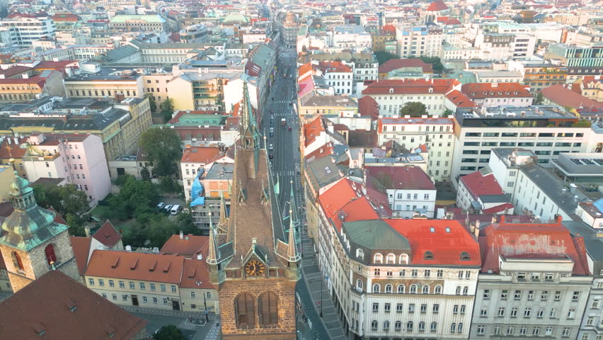 Gothic tower Prague aerial skyline top view in old town.