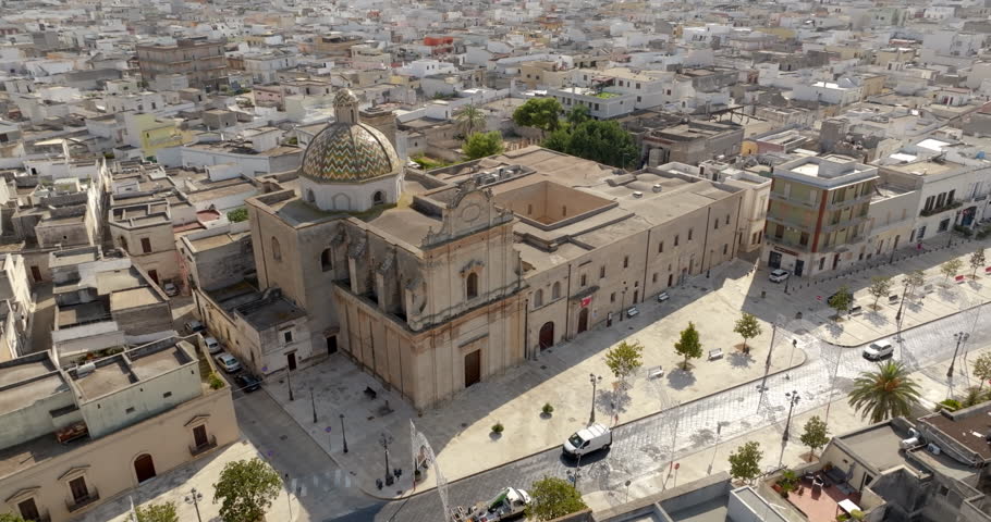 Aerial view of the Church of Santa Maria di Costantinopoli located in Manduria, in the province of Taranto, Italy. It is located in the main street of the city. It has a neoclassical facade.