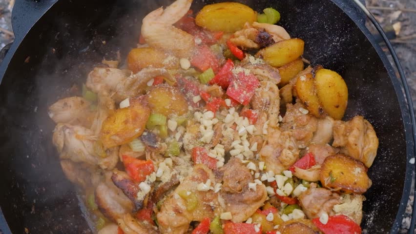 Spices are added to the dish in the cauldron. Shot of adding spices to a dish. Spices in slow motion fall into a dish