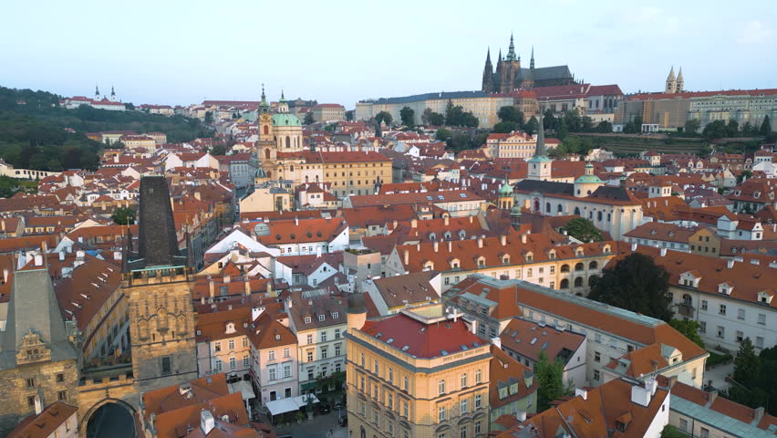 Prague scenic aerial view of the Prague Old Town pier architecture and Charles Bridge over Vltava river in Prague, Czechia. Old Town of Prague, Czech Republic.