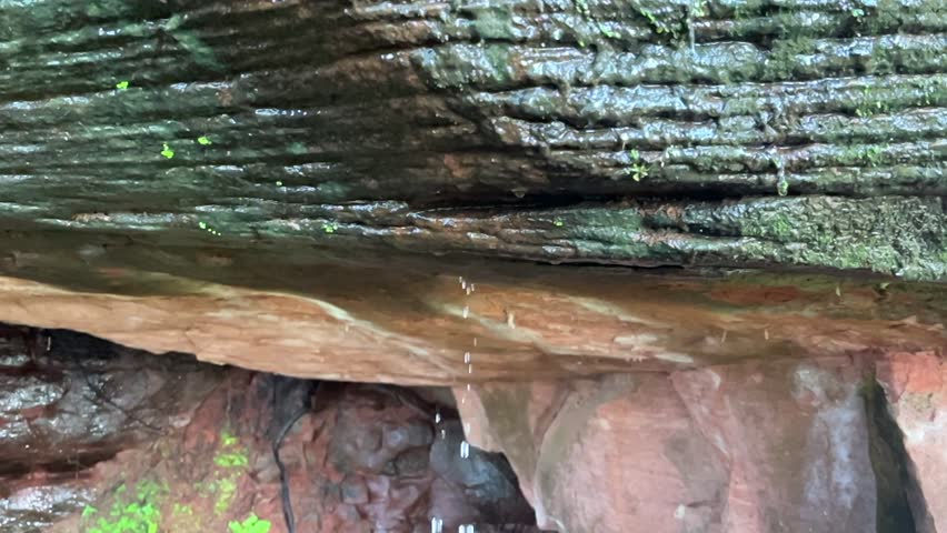 water droplets gently falling from a rock ledge in a natural cave setting. The rocks are covered in moss and moisture, giving a sense of tranquility and the passage of time, slow motion