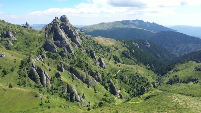Aerial view of rocky alpine landscape in Carpathian mountains, Romania