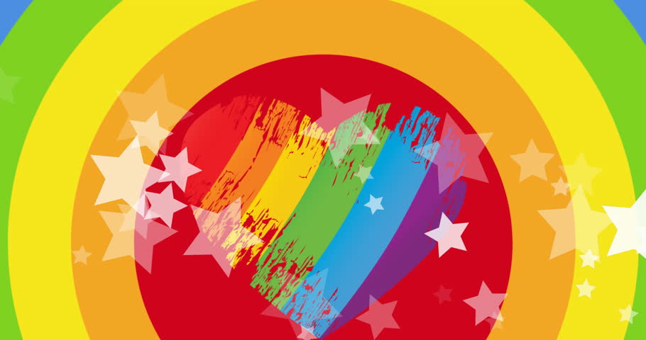 Animation of pride lgbtq stars falling over rainbow heart background. Pride month, lgbtq, human rights and equality concept digitally generated video.