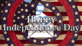 Animation of happy independence day text, envelope icons over flag of america and circles with stars. Digitally generated, message, social media, wishing, greeting, patriotism, celebration, freedom. - Powered by Shutterstock - Get 15% off with code: PIKWIZARD15