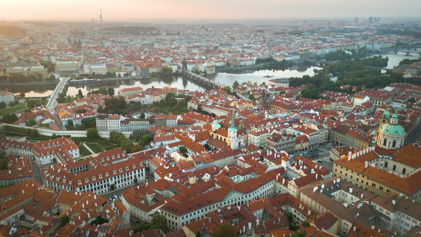 Beautiful panorama Prague skyline top view fly over old town downtown top view in 4K.