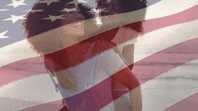 Animation of independence day text, flag of america, african american mother piggybacking daughter. Digital composite, patriotism, freedom, celebration, happy, family, childhood, together, beach. - Powered by Shutterstock - Get 15% off with code: PIKWIZARD15