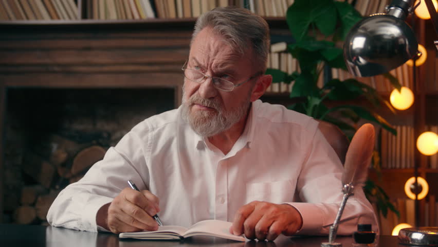 Caucasian old man businessman writing pen notebook notes journalist writer author business idea plan desk list checklist manager textbook reminder work book correspondence handwriting autobiography