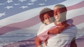 Animation of independence day text, flag of america, african american father piggybacking daughter. Digital composite, patriotism, freedom, celebration, happy, family, childhood, together, beach. - Powered by Shutterstock - Get 15% off with code: PIKWIZARD15
