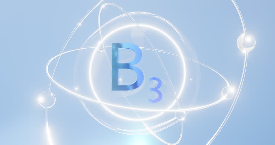 vitamin b3 symbol inside spinning electrons with orbitals, niacin food supplement, 3d rendering on blue background