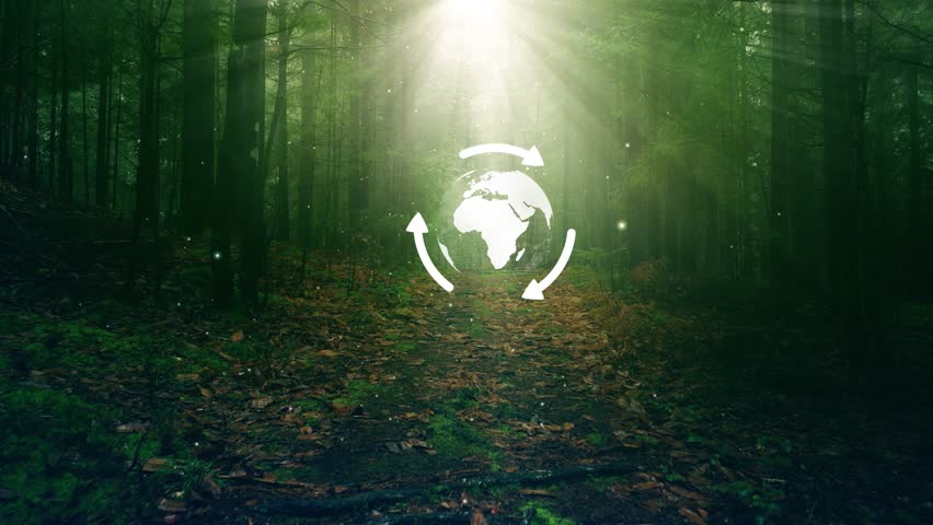 Environment recycle Earth globe rotation in magical green forest with fireflies concept animation background.	
