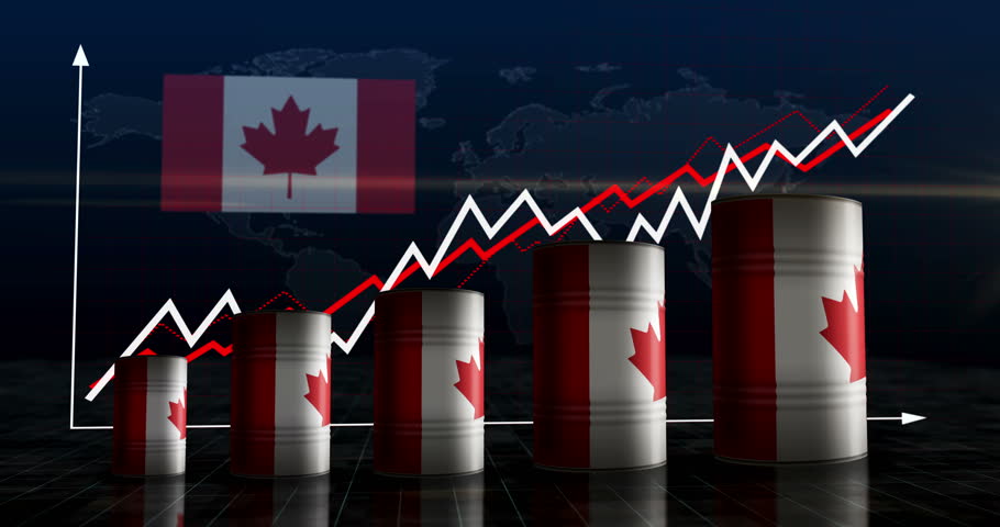 Canada oil business and fuel extraction barrels on growing chart. Norwegian petrol industrial metal containers with increase statistic diagram.