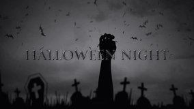 Animation of halloween night text over hand and cemetery on grey background. Halloween, festivity, celebration and tradition concept digitally generated video. - Powered by Shutterstock - Get 15% off with code: PIKWIZARD15