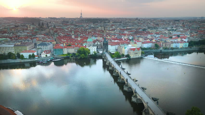 Aerial Prague scenic aerial view of the Prague Old Town pier architecture and old buildings over Vltava river in Prague, Czechia. Old Town of Prague, Czech Republic.