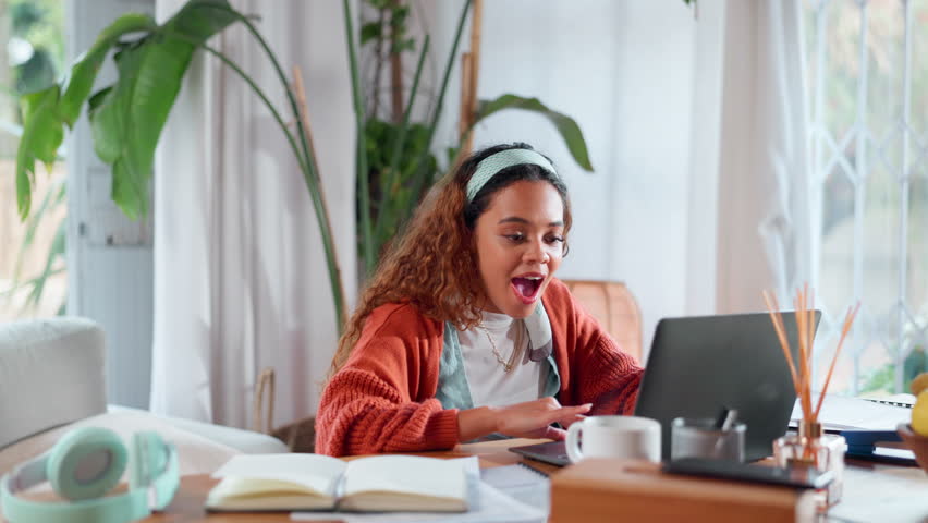 Excited woman, laptop and dance with celebration for winning, promotion or good news at home. Young, female person or happy freelancer with smile for deal, achievement or online discount at house