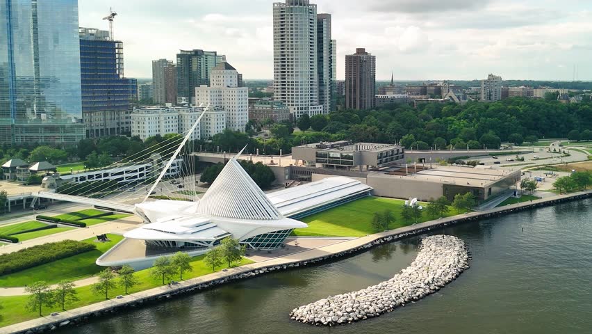 Aerial view of Milwaukee skyline at sunset, Wisconsin