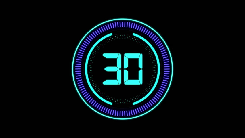Thirty second (30-0) digital stopwatch countdown timer with glowing ring light futuristic style, no background 
