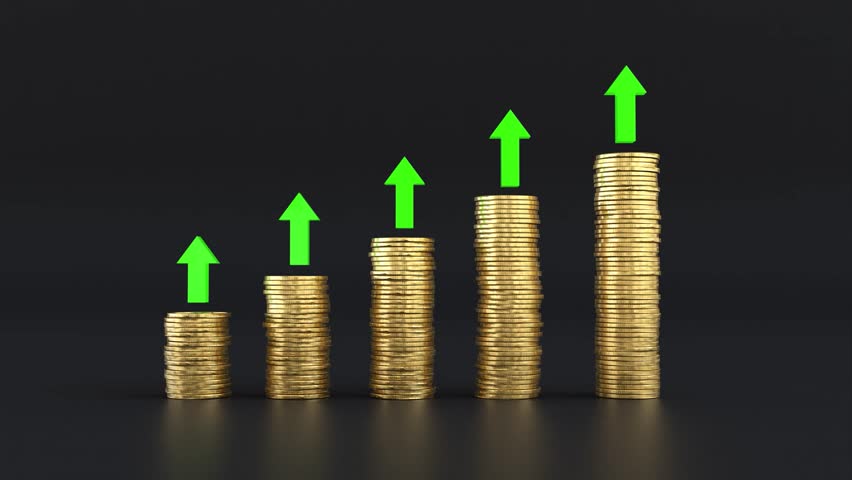 The green arrow is going up the Stacks of coins arranged in a bar graph, Finance and business concept