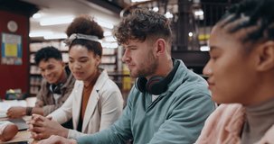 Students, talking or happy in library for education, team project or feedback with research. Study group, people or tech in university for collaboration, information and workshop for productivity - Powered by Shutterstock - Get 15% off with code: PIKWIZARD15
