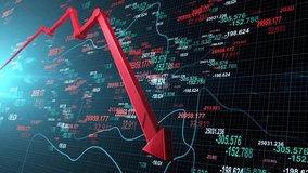 Stock Market Down, Display of Stock market, Red arrow graph drop arrow down with world map on red background. Money losing. Stock crisis and finance concept. Economic crisis on red background. - Powered by Shutterstock - Get 15% off with code: PIKWIZARD15