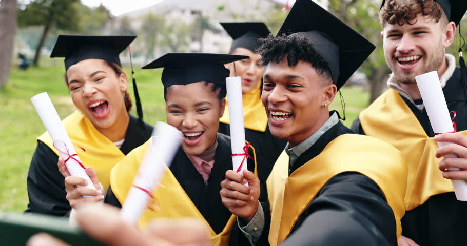 Students, selfie and certificate outdoor for graduation, education and university with pride on campus. People, celebration and graduate for college achievement, success and social media with diploma